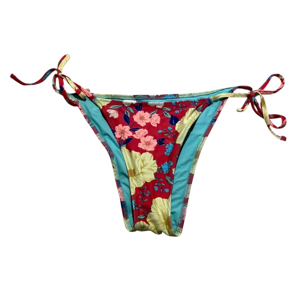 Aerie Red Floral Side Tie Bikini Bottoms size Medium Real Good Cheeky‎ Swim